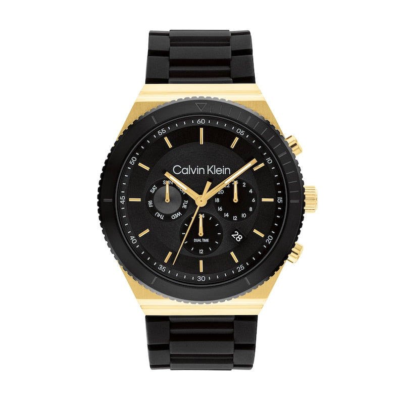 Men s Calvin Klein Two Tone IP Chronograph Black Silicone Strap Watch