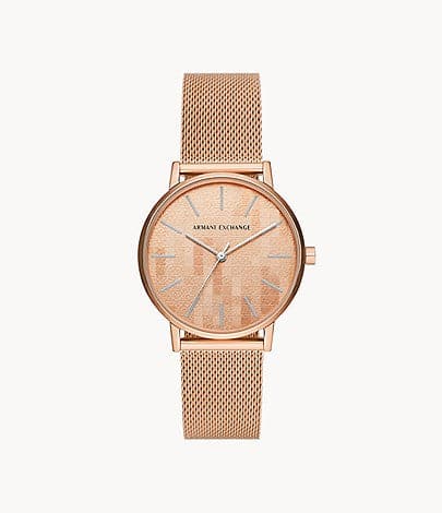 Armani Exchange Three Hand Rose Gold Tone Stainless Steel Mesh Watch AX5584I