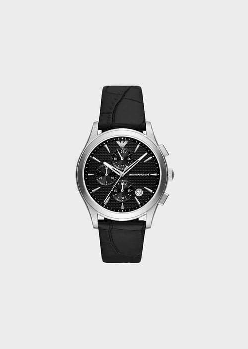 Emporio Armani Quartz 42 mm Black Dial Leather Chronograph Watch for M