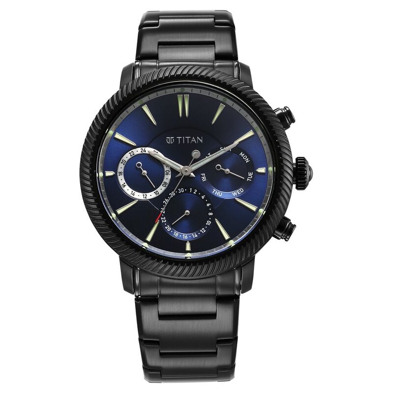 10012NM01 Titan Stellar Quartz Multifunction Blue Dial Stainless Steel Strap Watch for Men