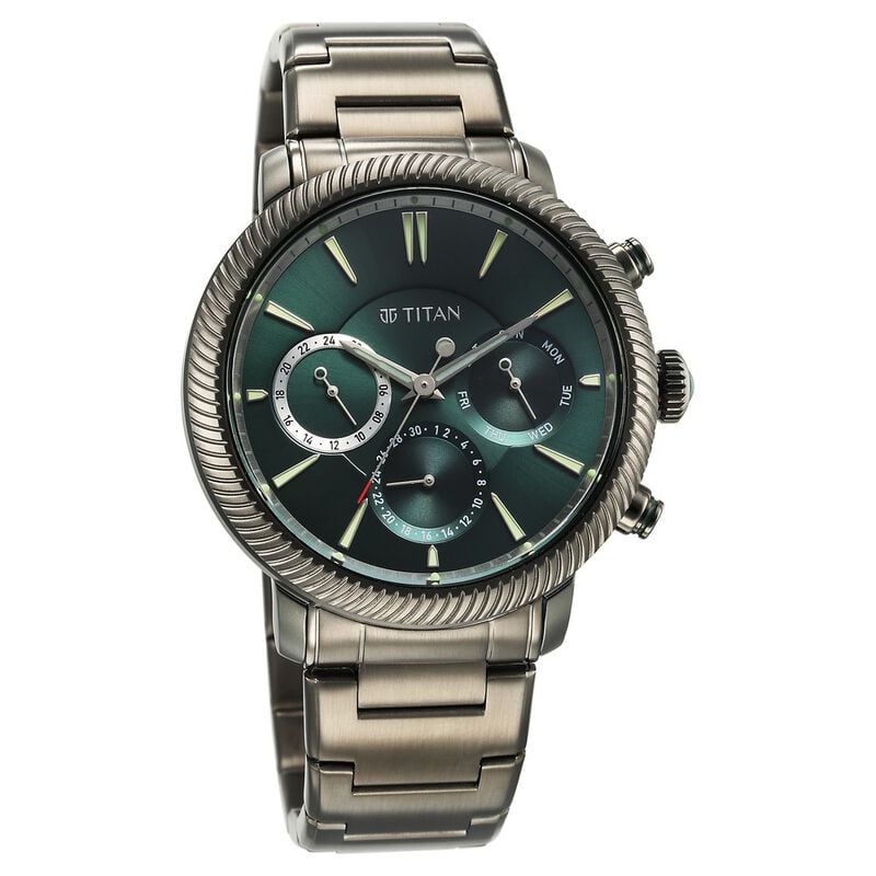 10012QM01 Titan Stellar Quartz Multifunction Green Dial Stainless Steel Strap Watch for Men