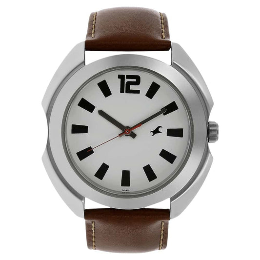 NR3117SL01 WHITE DIAL BROWN LEATHER STRAP WATCH - Kamal Watch Company