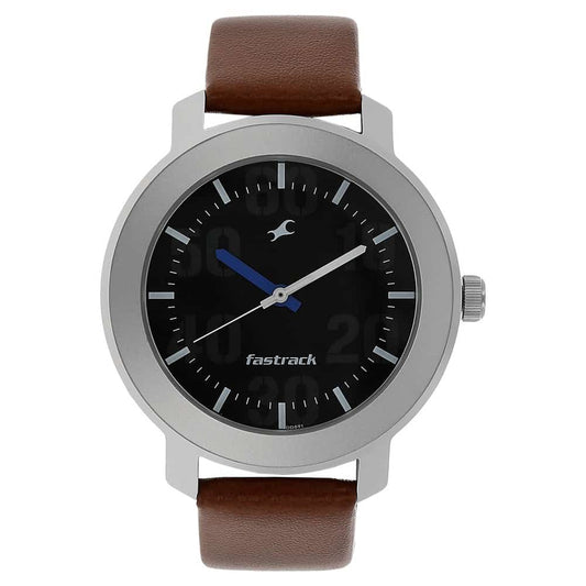 NR3121SL01 BLACK DIAL BROWN LEATHER STRAP WATCH - Kamal Watch Company