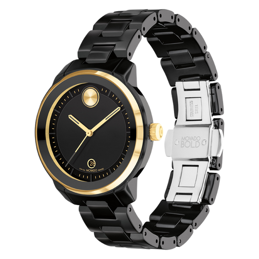 Ladies' Movado Bold® Verso Gold-Tone IP and Black Ceramic Watch with Black Dial-3600936 - Kamal Watch Company