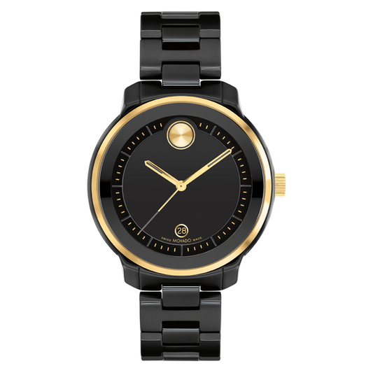 Ladies' Movado Bold® Verso Gold-Tone IP and Black Ceramic Watch with Black Dial-3600936 - Kamal Watch Company