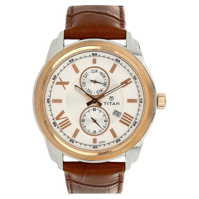 Titan Quartz Analog with Date Silver Dial Leather Strap Watch for Men