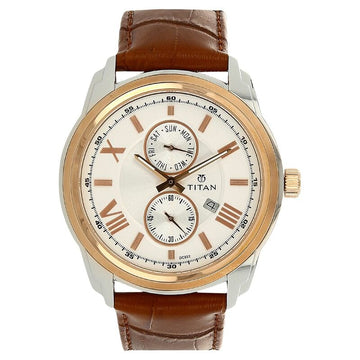 Titan Quartz Analog with Date Silver Dial Leather Strap Watch for Men