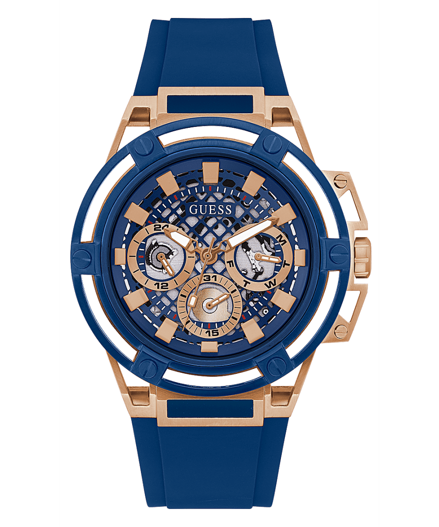 ROSE GOLD TONE CASE BLUE SILICONE WATCH