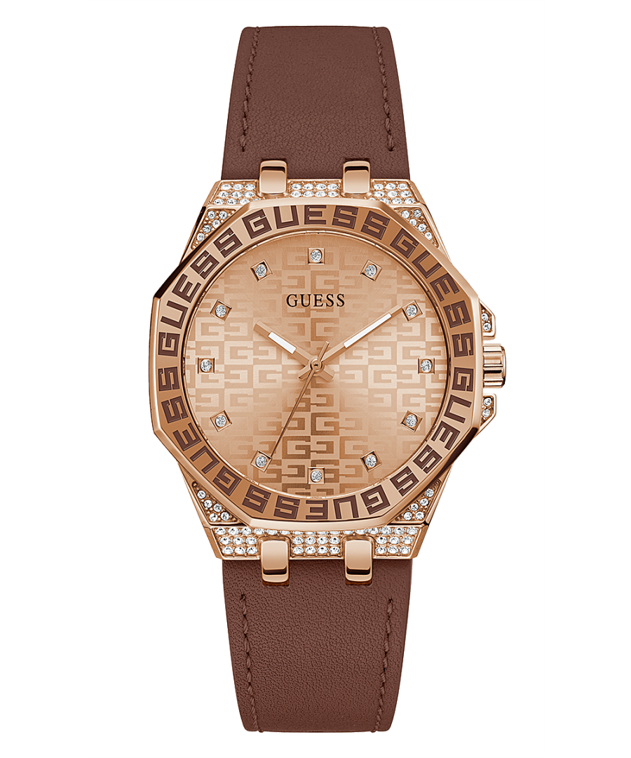 ROSE GOLD TONE CASE BROWN LEATHER WATCH