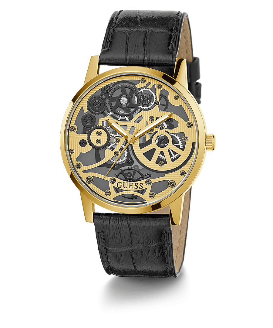 GOLD TONE CASE BLACK LEATHER WATCH - Kamal Watch Company