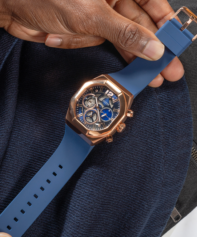 GUESS Mens Blue Rose Gold Tone Multi-function Watch