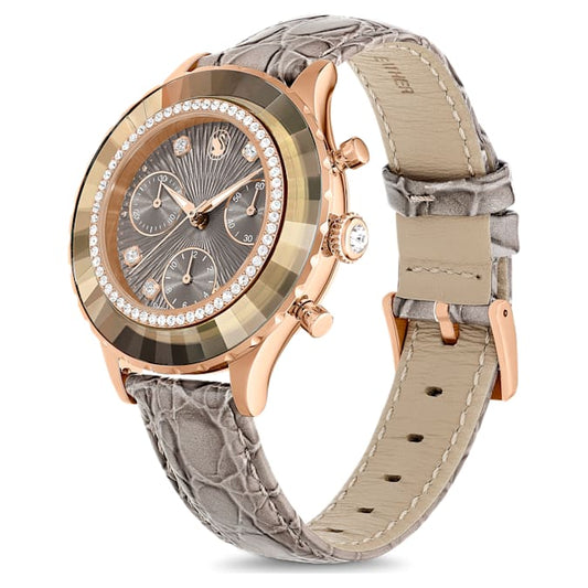 Octea Chrono watch Swiss Made, Leather strap, Gray, Rose gold-tone finish