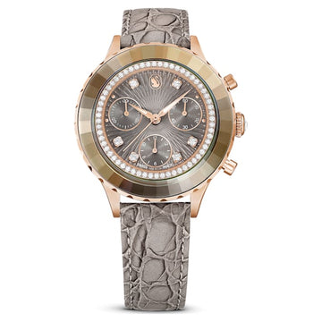 Octea Chrono watch Swiss Made, Leather strap, Gray, Rose gold-tone finish