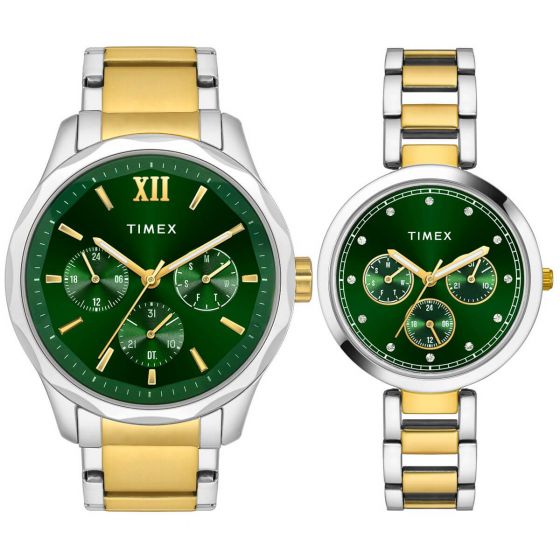 TIMEX EMPERA PAIRS GREEN DIAL ROUND CASE MULTIFUNCTION FUNCTION WATCH -TW00PR278