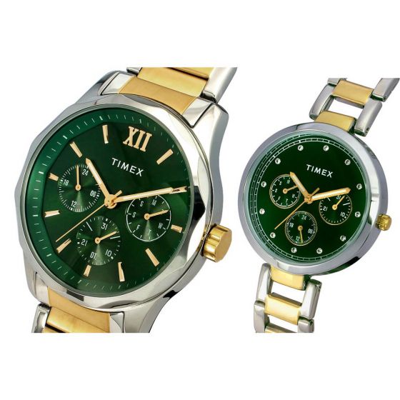 TIMEX EMPERA PAIRS GREEN DIAL ROUND CASE MULTIFUNCTION FUNCTION WATCH -TW00PR278