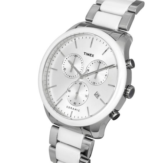 TIMEX FASHION MEN'S SILVER DIAL ROUND CASE CHRONOGRAPH FUNCTION WATCH -TWEG21700