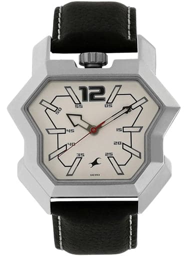 Fastrack White Dial Black Leather Strap Watch