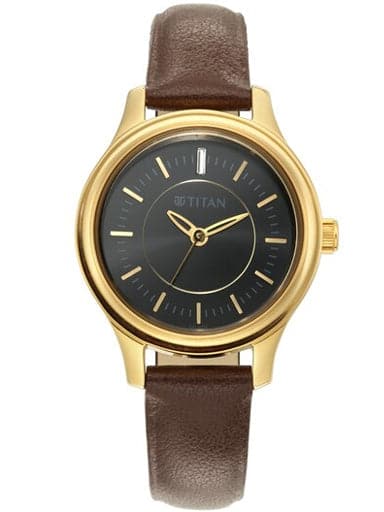 Titan Black Dial Brown Leather Strap Watch For Women 2638Yl01