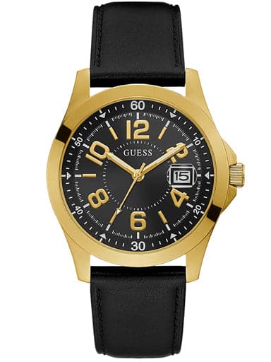 Guess Gold Tone Case Black Genuine Leather Watch