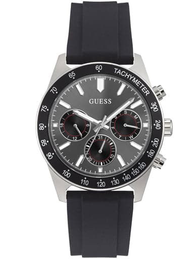 Guess Silver Tone Case Black Silicone Watch