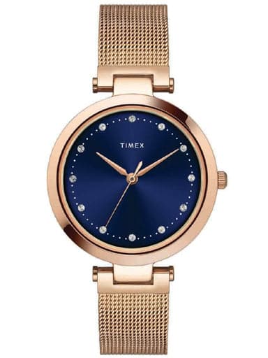 TIMEX PREMIUM BLUE DIAL WATCH WITH ROSE GOLD MESH BRACELET TWEL11824 - Kamal Watch Company