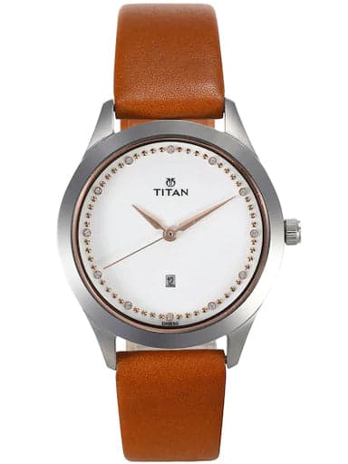 Titan Sparkle White Dial Brown Leather Strap Women'S Watch Nn2570Sl02