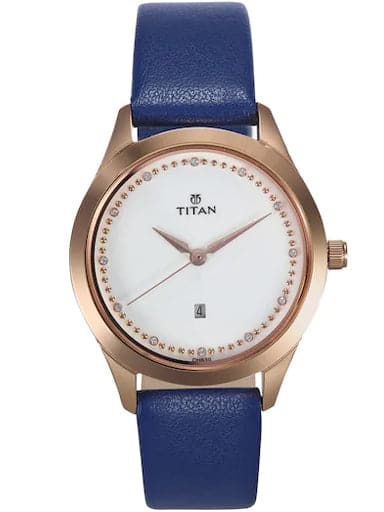 Titan Sparkle White Dial Blue Leather Strap Women's Watch NN2570WL02 - Kamal Watch Company