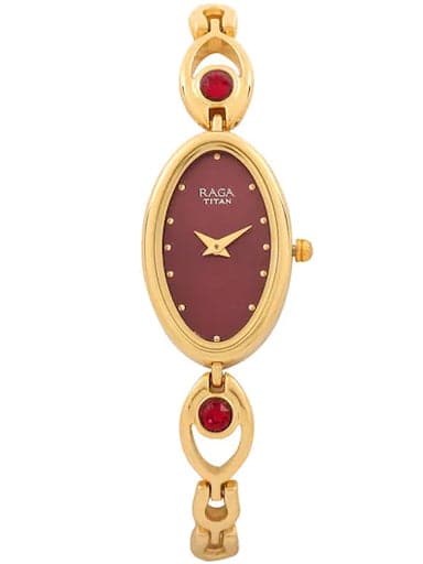 Titan Raga Red Dial Golden Metal Strap Women'S Watch Nn2527Ym03