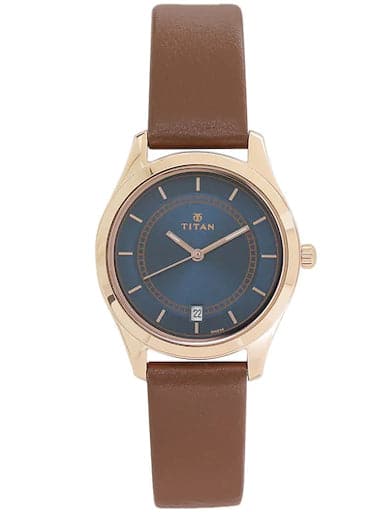 Titan Work Wear Blue Dial Brown Leather Strap Women's Watch NP2596WL03 - Kamal Watch Company