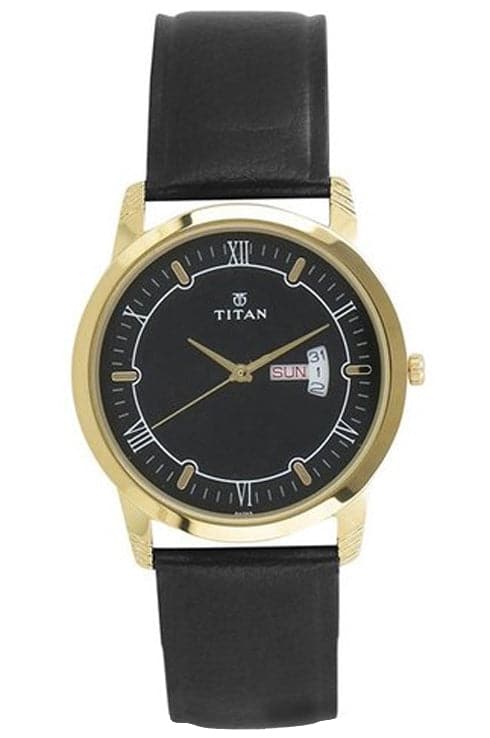 Titan Black Dial Black Leather Strap Watch For Men Np1774Yl01