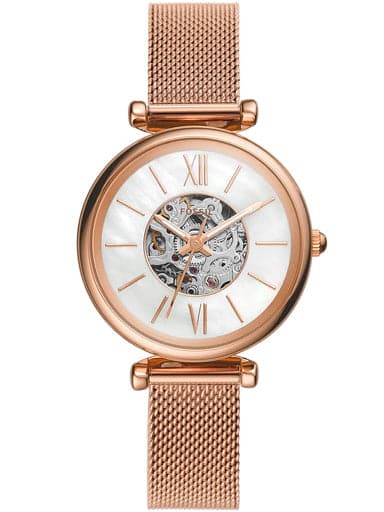 FOSSIL Carlie Mini Automatic Rose Gold-Tone Stainless Steel Mesh Watch ME3188 - Kamal Watch Company