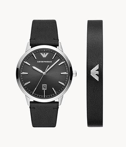 Emporio Armani Three-Hand Date Black Leather Watch and Bracelet Set AR80064SET - Kamal Watch Company