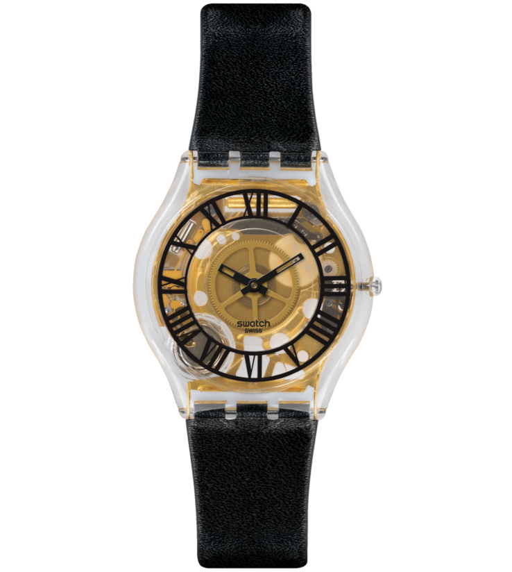 Swatch Forot Noire Transparent Gold Dial Black Leather Ladies Black Watch