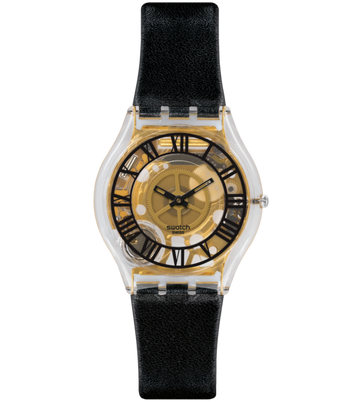 Swatch Forot Noire Transparent Gold Dial Black Leather Ladies Black Watch - Kamal Watch Company