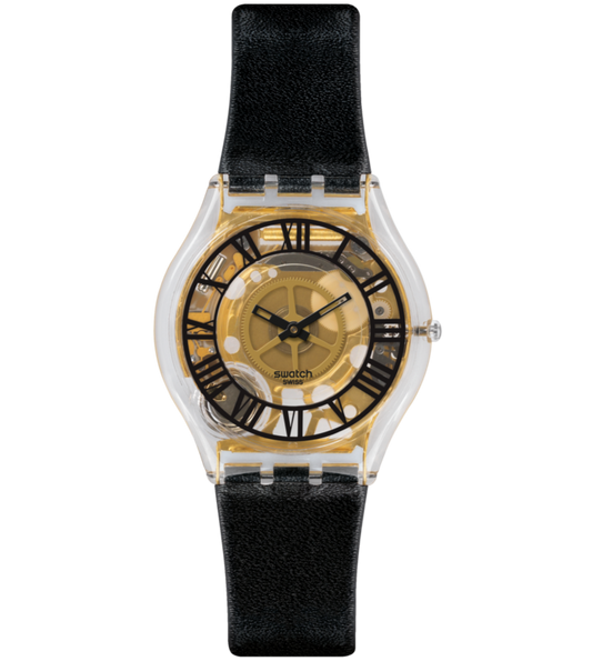 Swatch Forot Noire Transparent Gold Dial Black Leather Ladies Black Watch - Kamal Watch Company