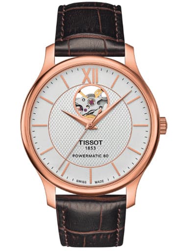 Tissot T Classic Tradition Powermatic 80 Open Heart Men S Leather Silv