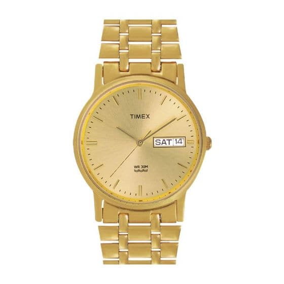 TIMEX CLASSICS MEN'S QUARTZ ANALOG CHAMPAGNE DIAL ROUND CASE DAY DATE FUNCTION WATCH -A504